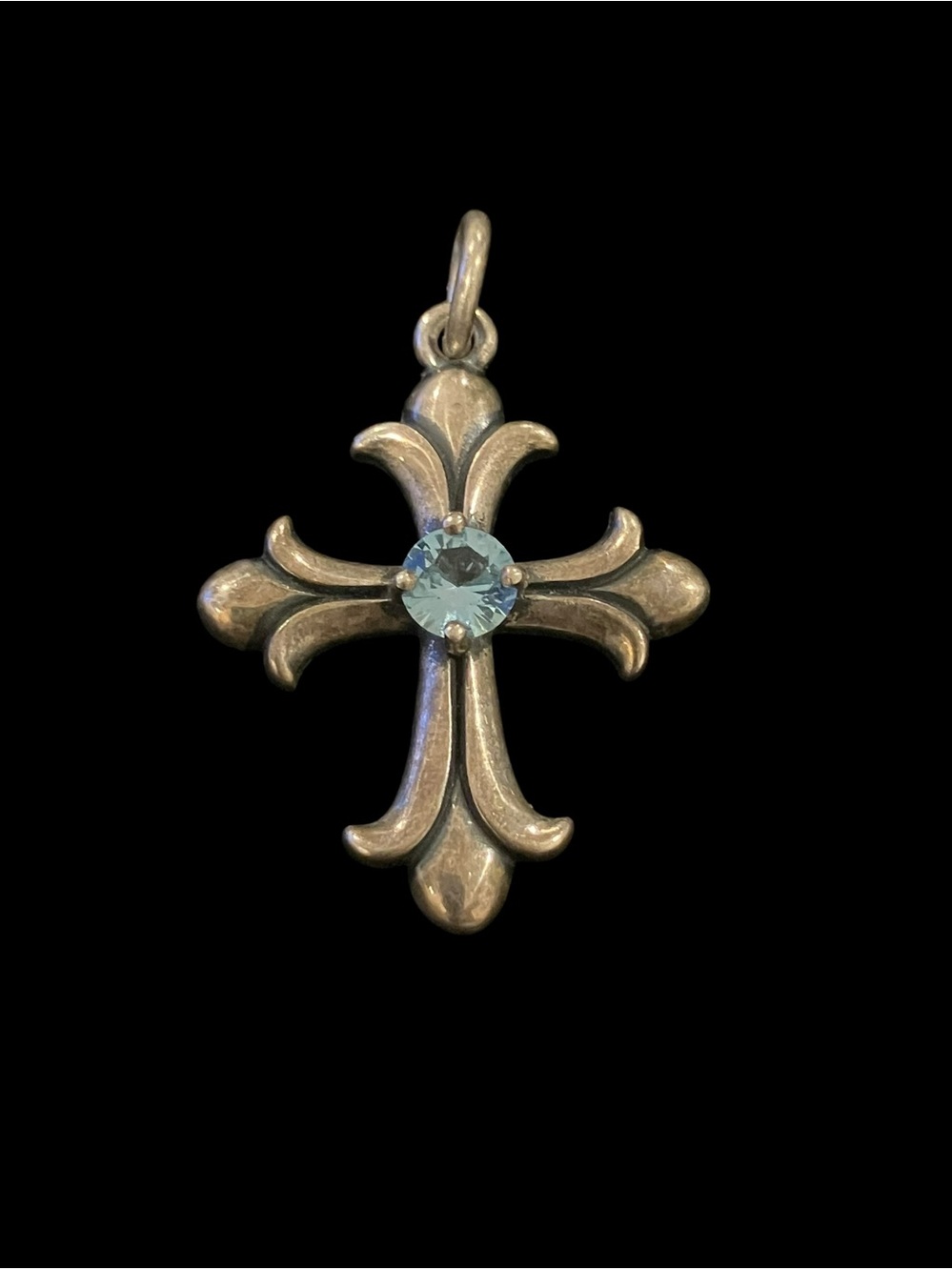 James Avery Retired Sterling Silver Fleuree Cross Pendant with Blue Topaz Stone